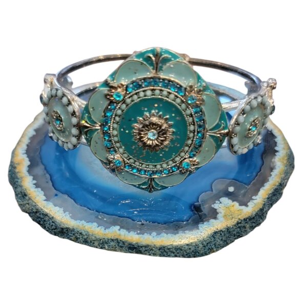 Jewelry - Turquoise Blue & CZ Crystals Open Cuff Hinged Bracelet